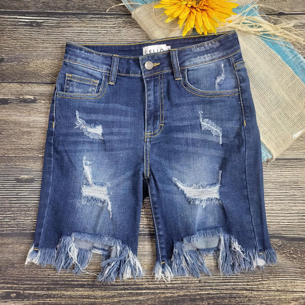 Cello High Rise Destroy Bermuda Frayed Shorts - Blaser Bling