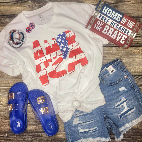 America Distressed Stars & Stripes Tee - Blaser Bling