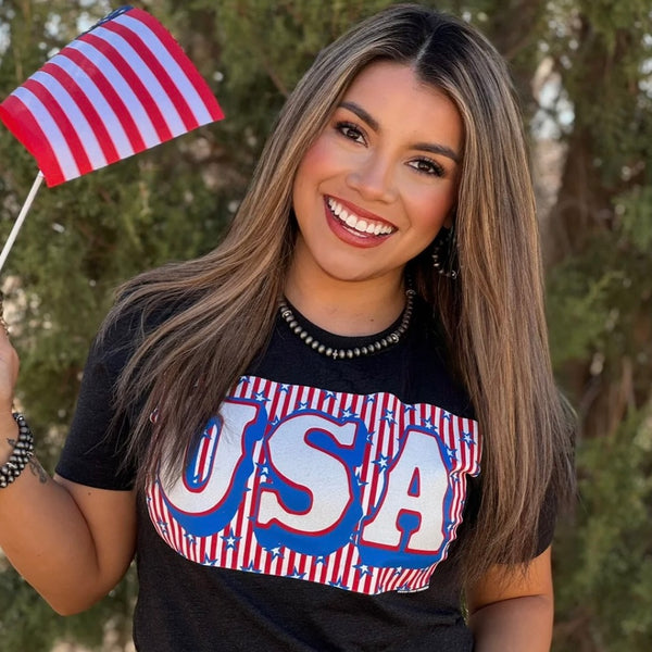 PREORDER USA Block with Stripes in Glitter Tee