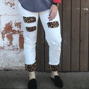 L&B White w/ Leopard Patch Jeans - Blaser Bling 